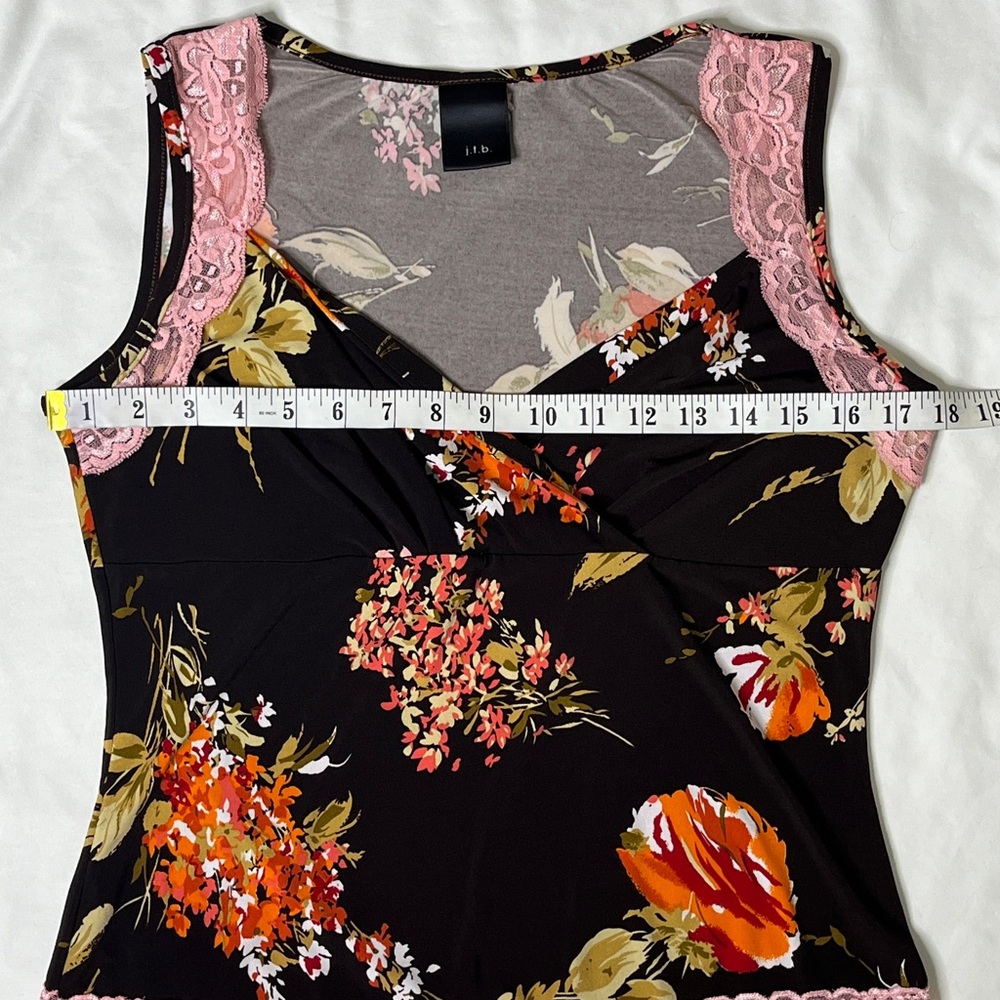 Y2K j.t.b. Floral Print Lace Trim Mock Wrap V Neck Top L Pink Brown Boho Spring - Picture 11 of 15